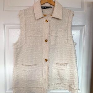Zara Women's Off-White Textured Vest with Gold Buttons
